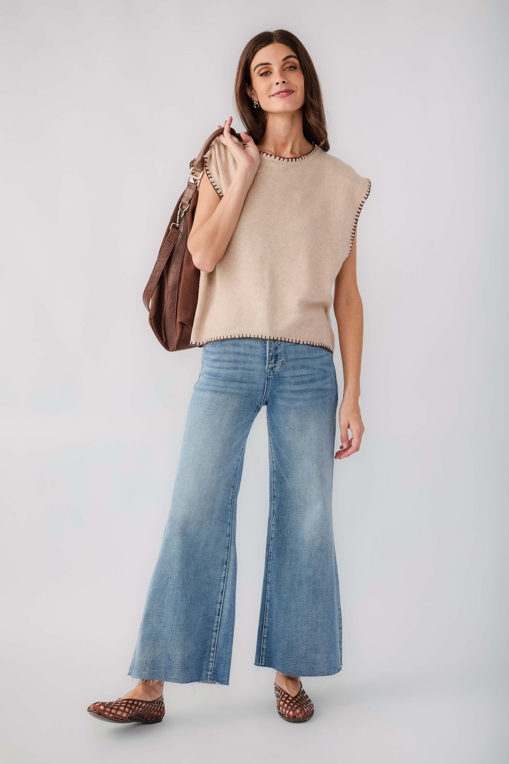Taupe cap-sleeve blanket-stitch sweater with crew neck and decorative stitched trim