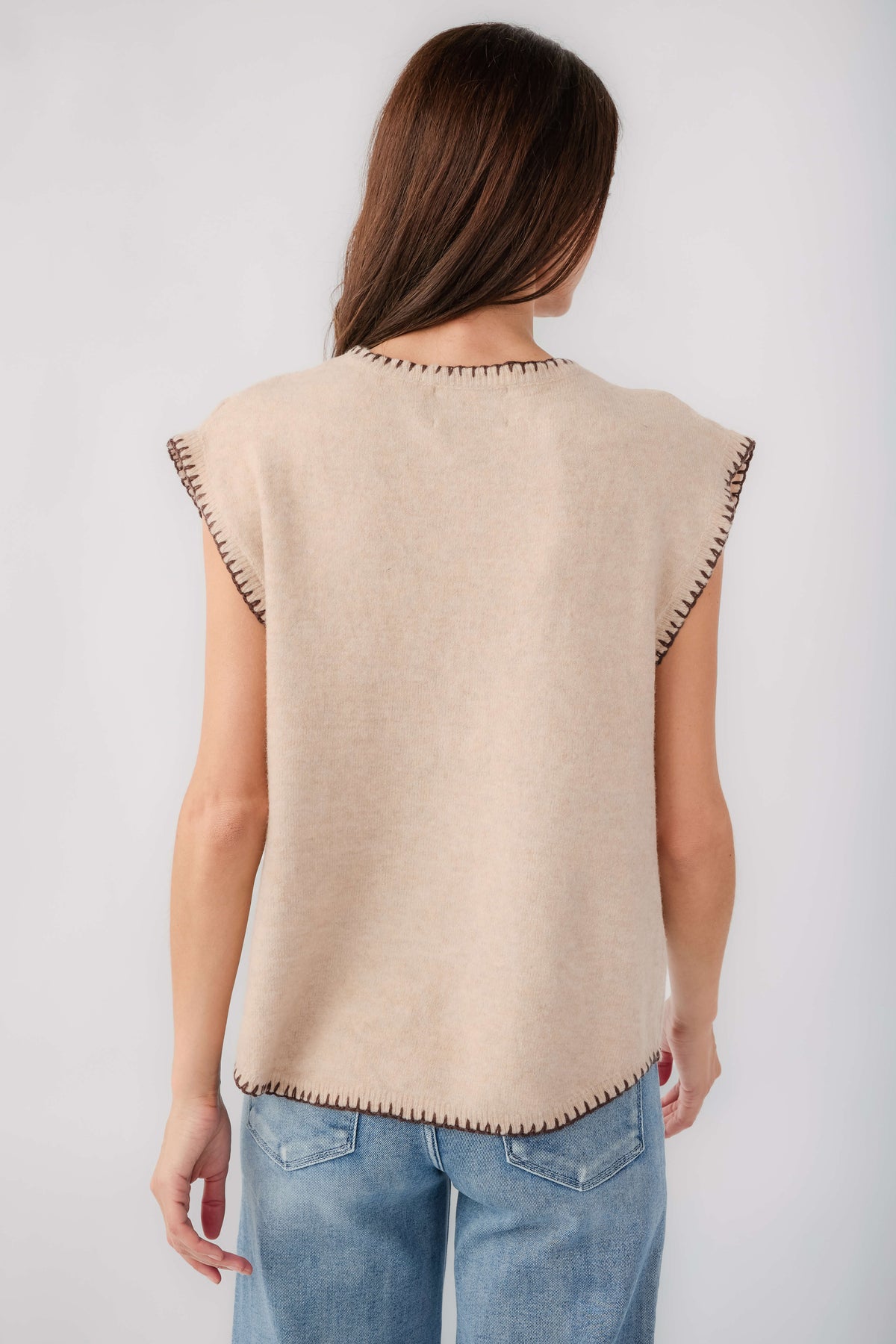 Taupe cap-sleeve blanket-stitch sweater, back view with stitched yoke and hem