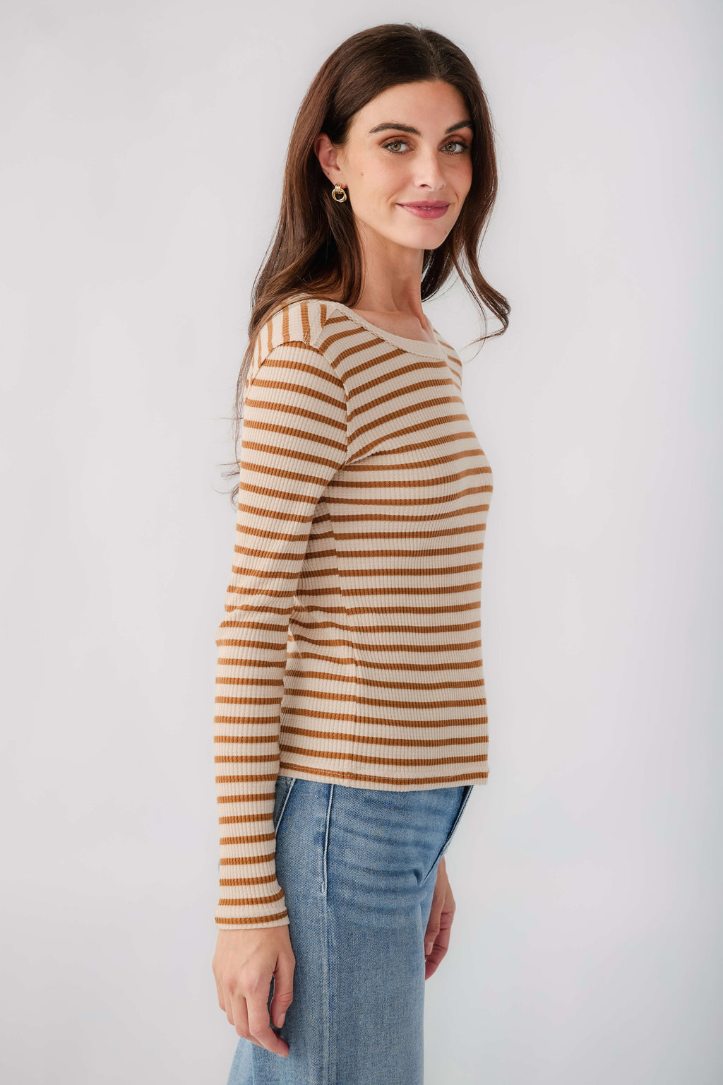 Long-sleeve striped thermal top, tan and white stripes, side view