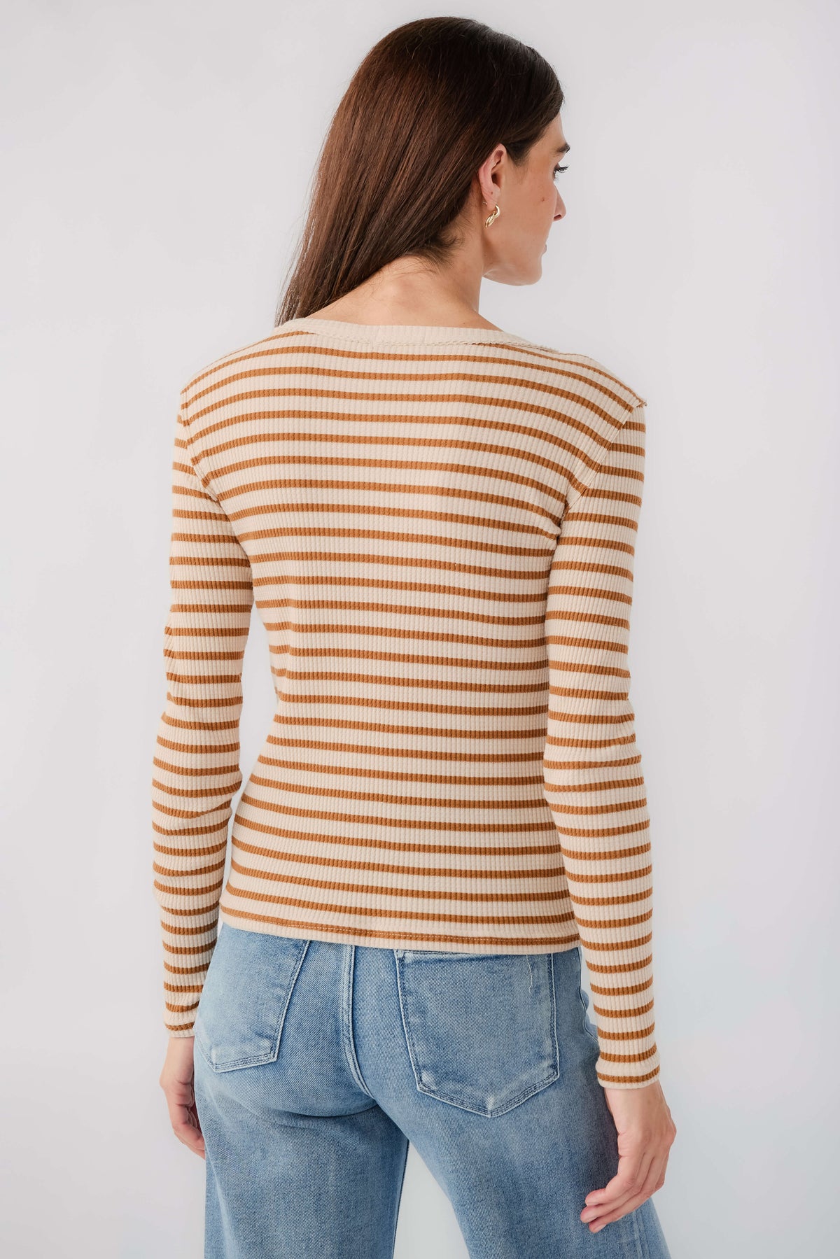 Long-sleeve striped thermal top, tan and white stripes, back view