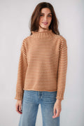 Orange-and-cream striped long-sleeve funnel neck sweater
