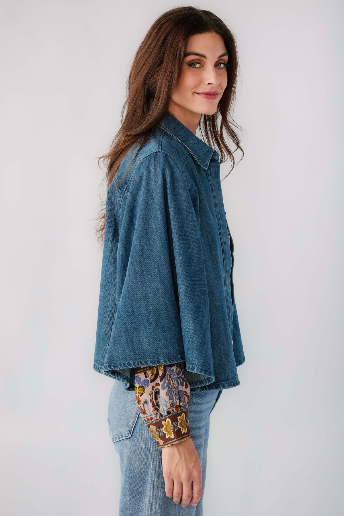 Denim kimono jacket, side profile with point collar and patterned cuff detail