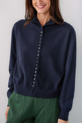 Mockneck cardigan in dark navy with button-front placket and long sleeves
