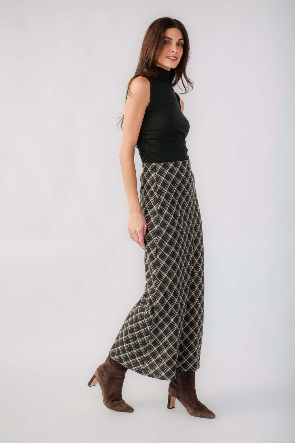 Z Supply Europa plaid midi skirt, black with white lattice check pattern