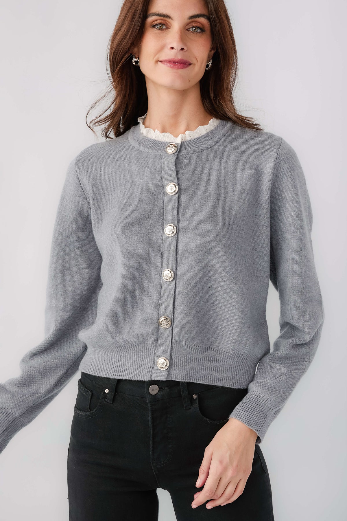 Heather grey cardigan with ruffled crew neck and button-front placket