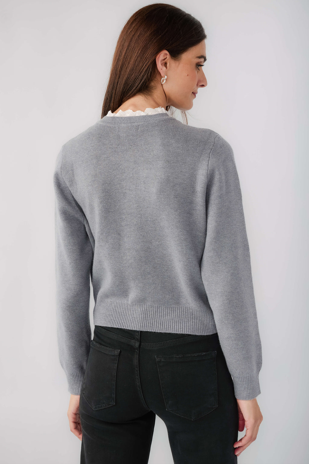 Heather grey ruffled back yoke cardigan with long sleeves