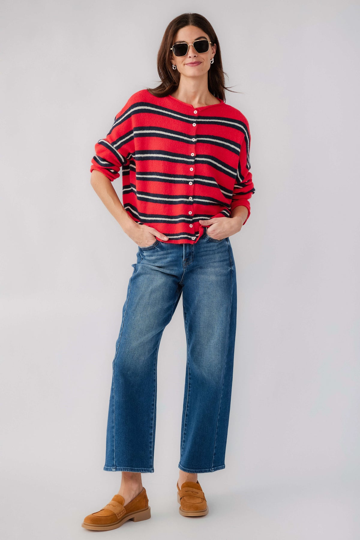Women’s striped piper cardigan in tomato red with dark bands and button front