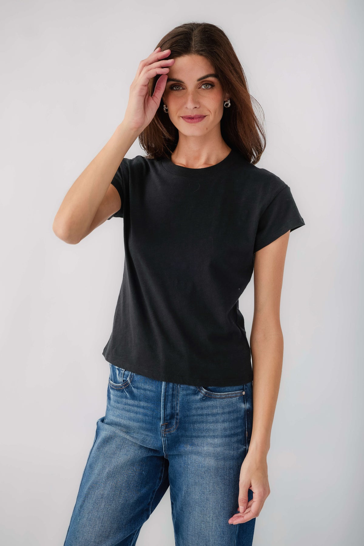 Women's short-sleeve slub tee, black crew neck