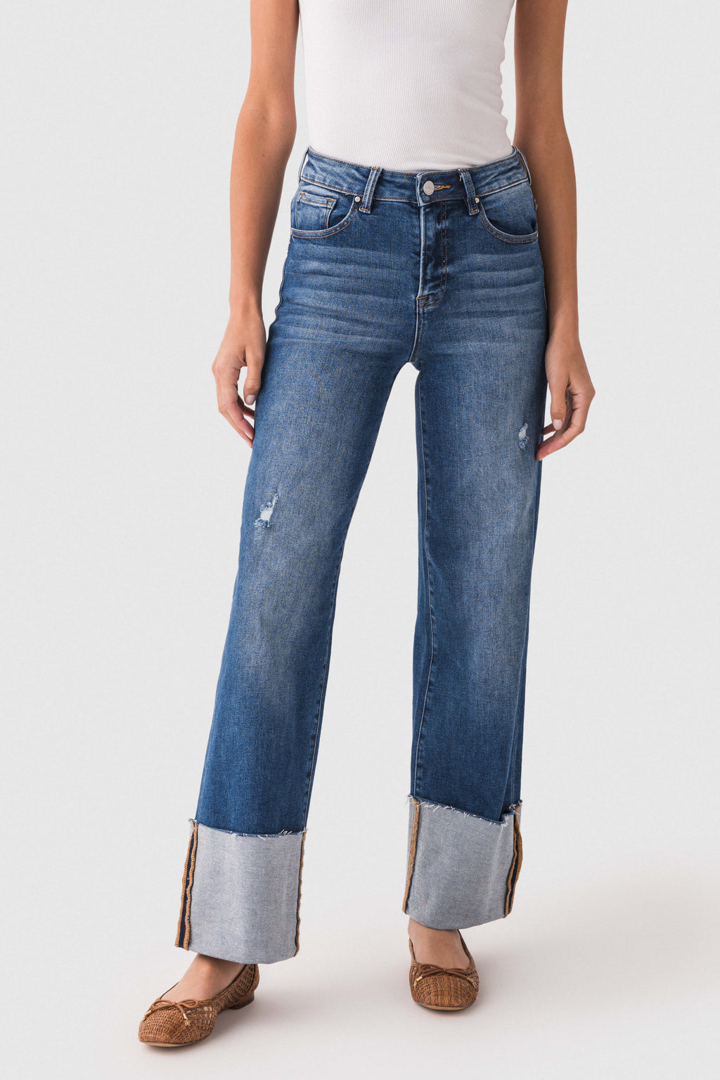 Risen Scout large-cuffed jeans, front view in dark blue denim with cuff hem