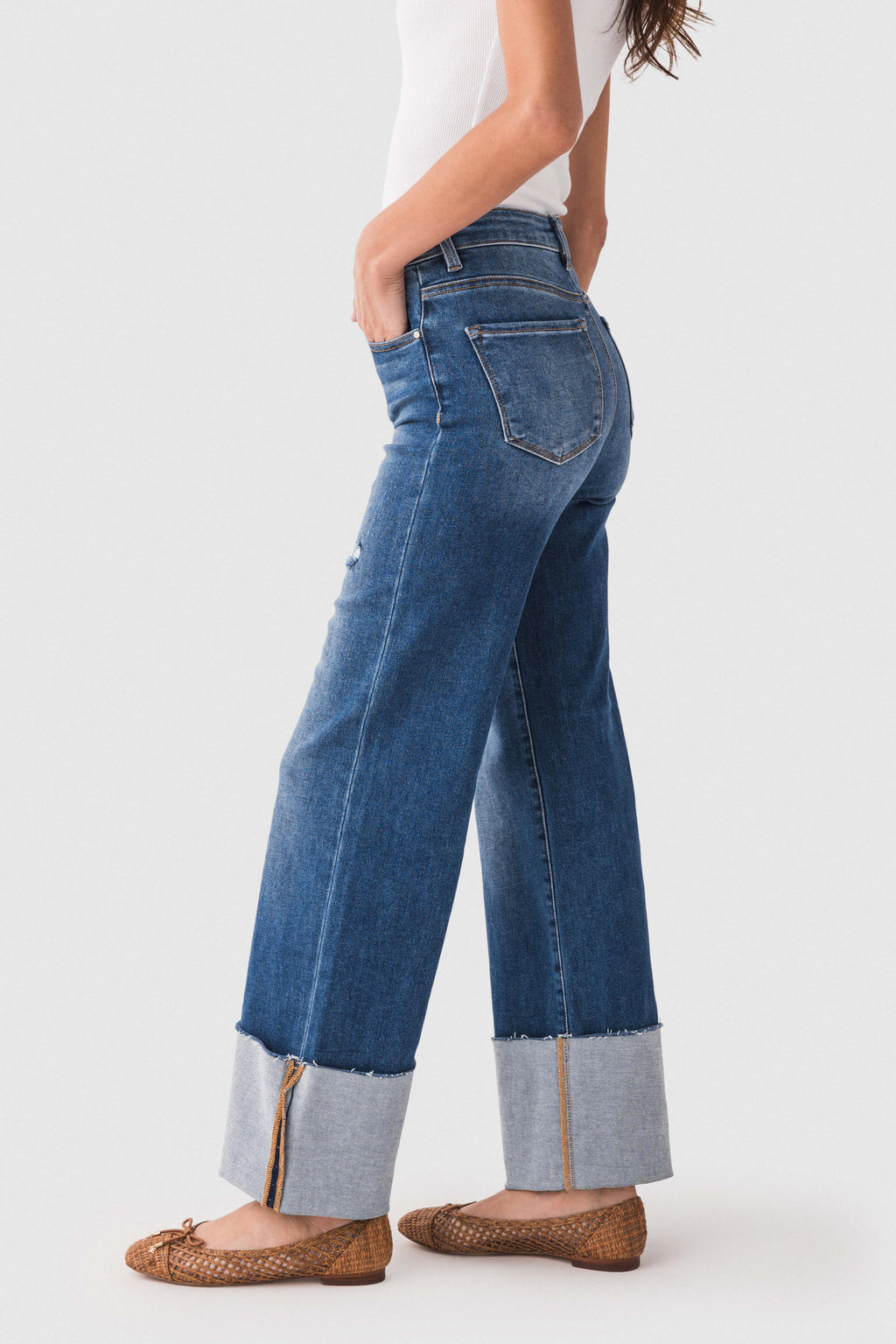 Risen Scout large-cuffed jeans in dark blue denim with contrast cuff hem