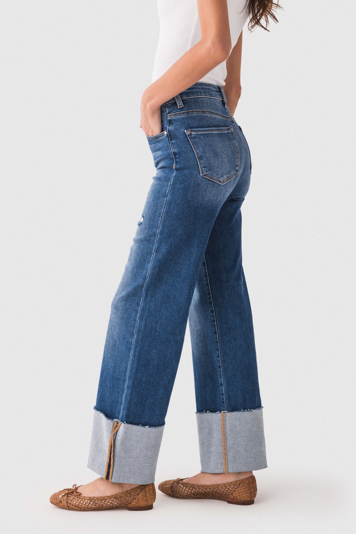 Risen Scout large-cuffed jeans in dark blue denim with contrast cuff hem