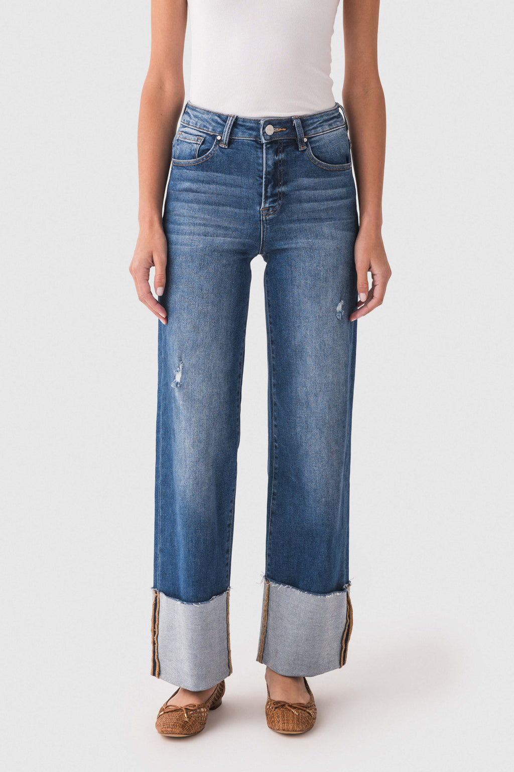 Risen Scout large-cuffed jeans, front view in medium-dark blue denim