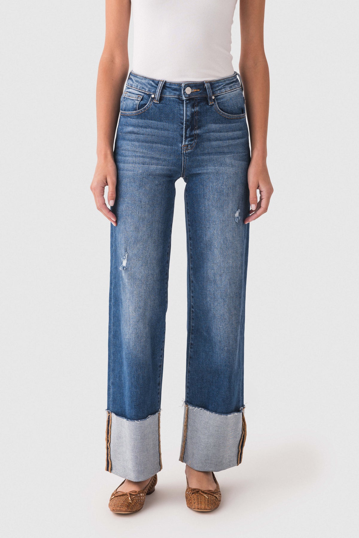 Risen Scout large-cuffed jeans, front view in medium-dark blue denim