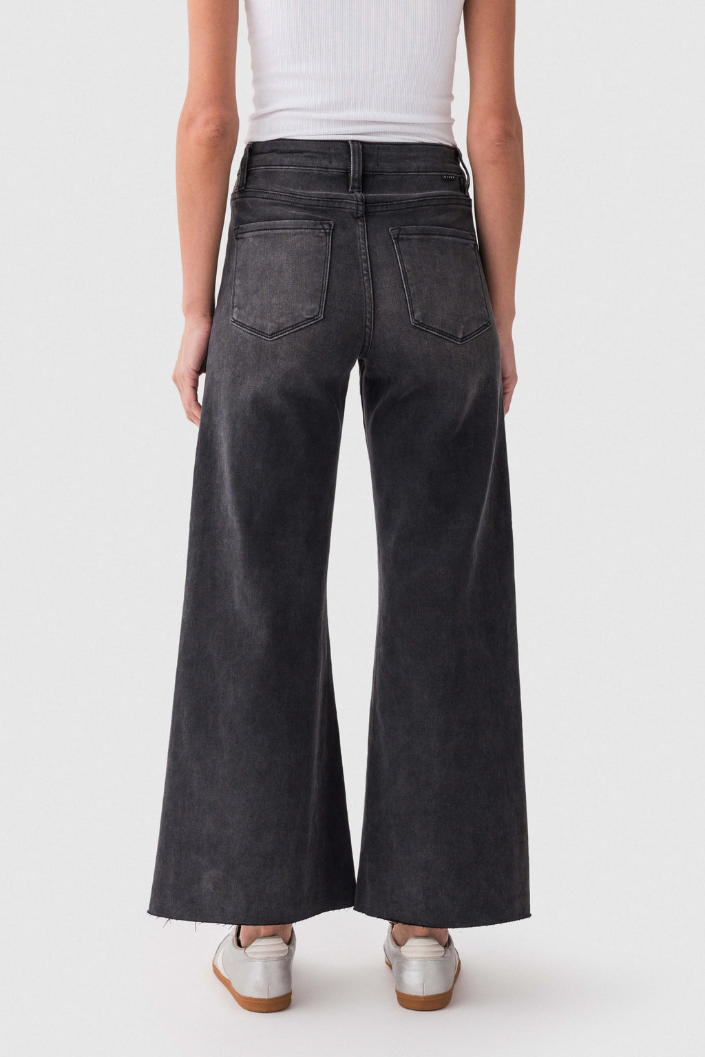 Back view of dark wash raw-hem palazzo jeans with yoke seams and wide legs