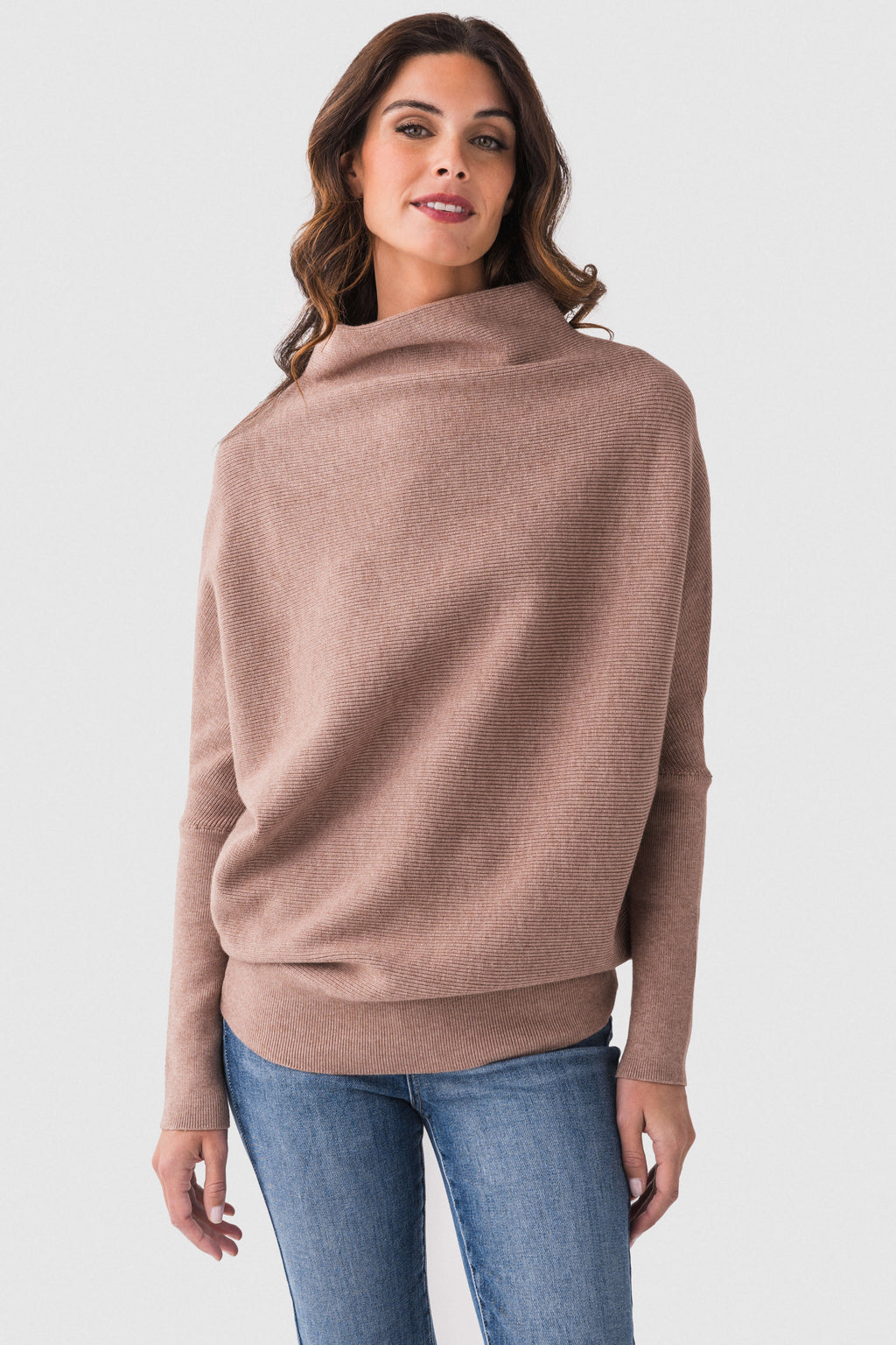 Latte slouch-neck dolman pullover sweater with relaxed fit and long sleeves