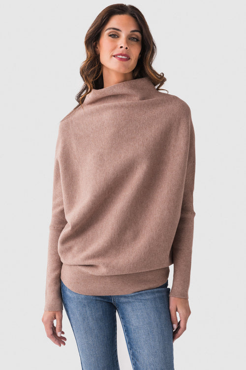 Latte slouch-neck dolman pullover sweater with relaxed fit and long sleeves