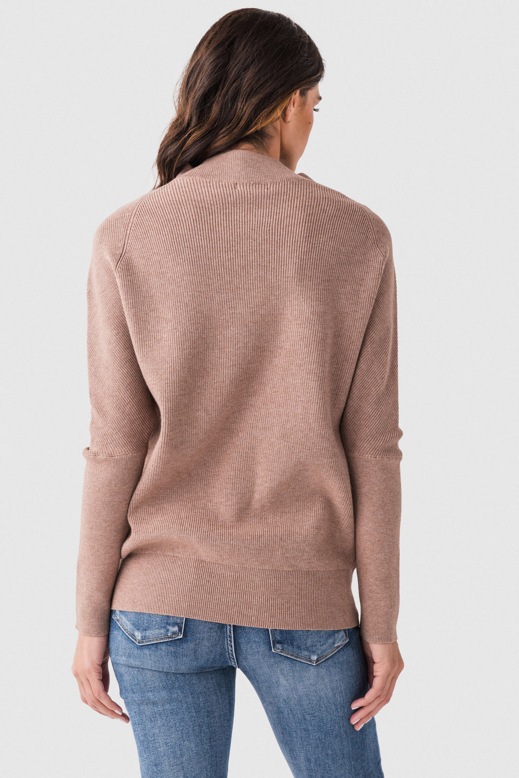 Taupe slouch-neck dolman pullover sweater, open back view with long sleeves
