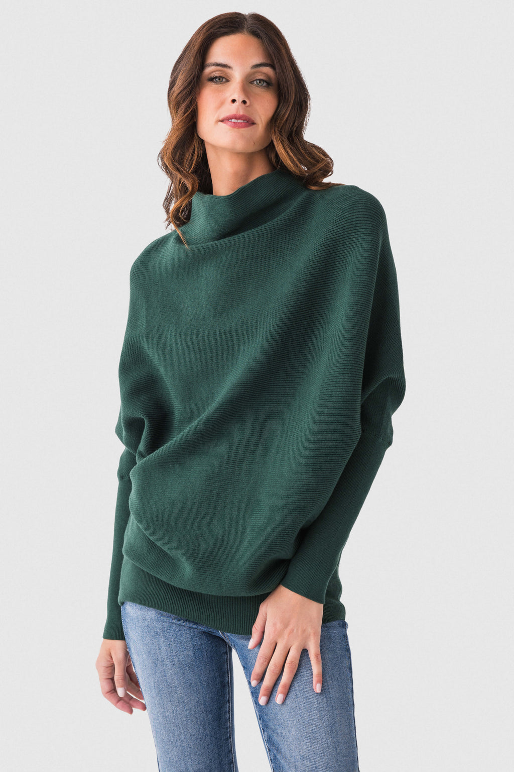 Olive green dolman pullover sweater with slouch neck and long sleeves, front view.