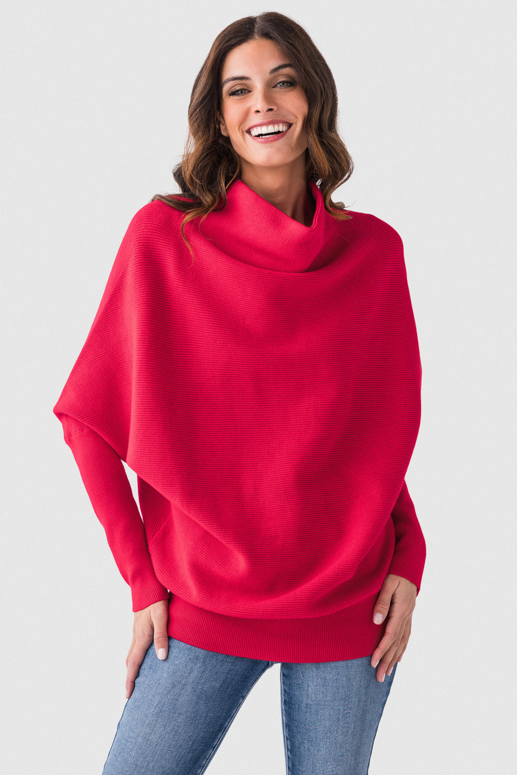 Red slouch-neck dolman pullover sweater with draped cowl neckline