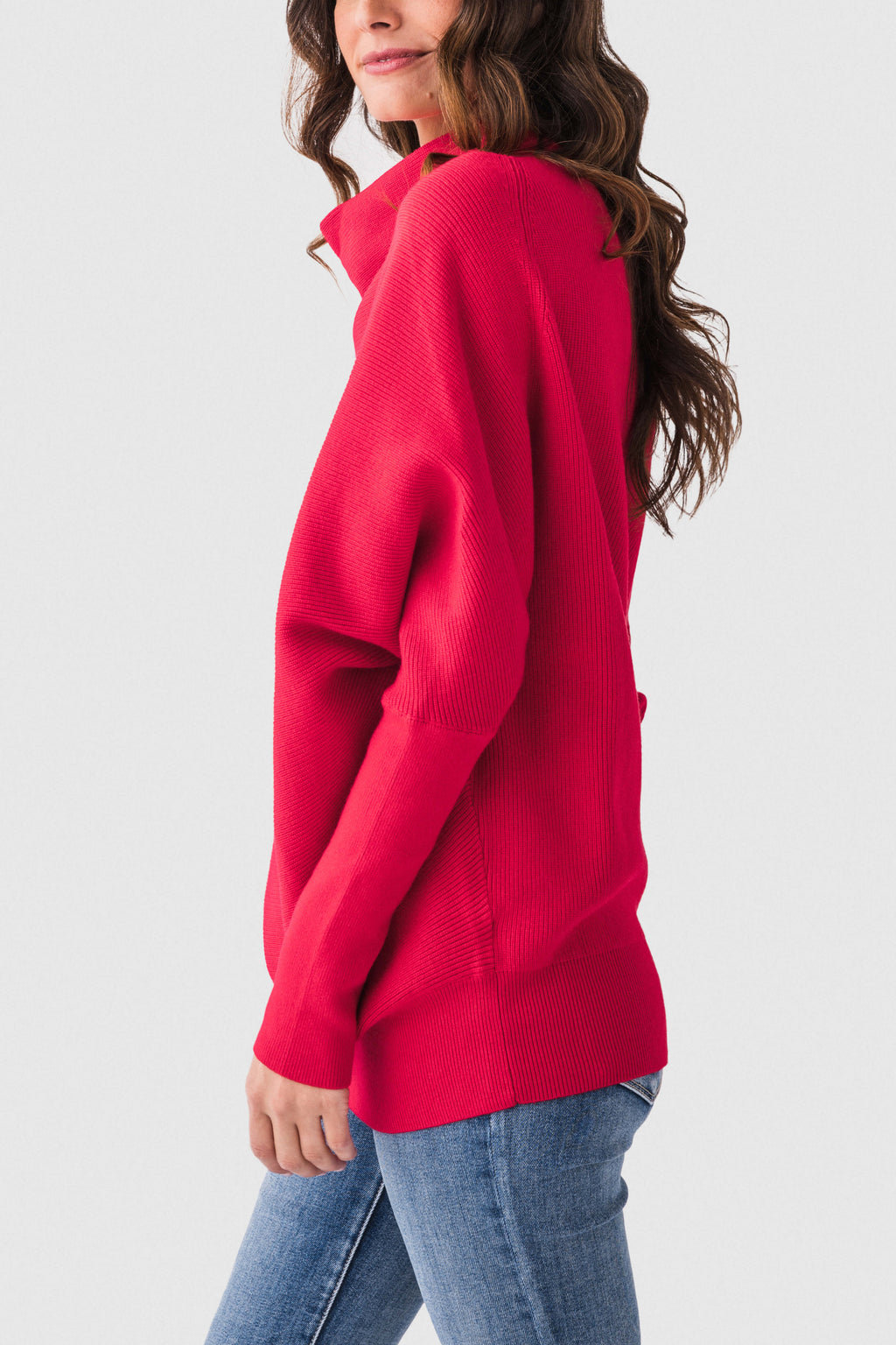 Ruby red slouch-neck dolman pullover sweater with long sleeves