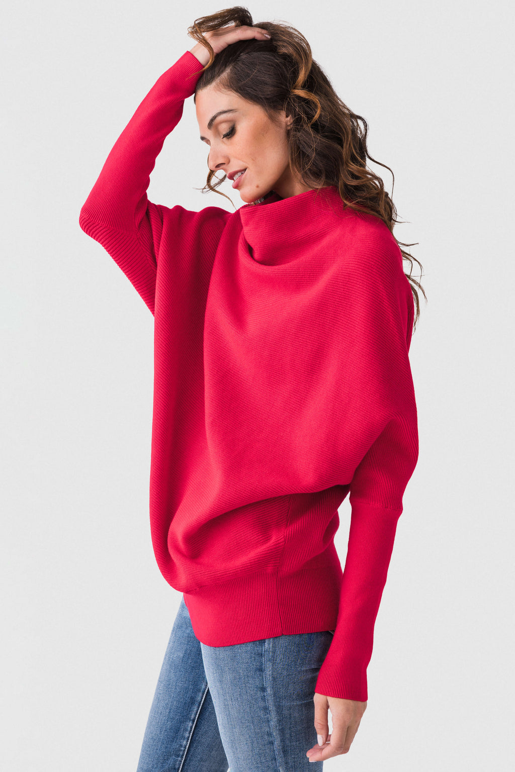 Red slouch-neck dolman pullover sweater with relaxed fit and long sleeves