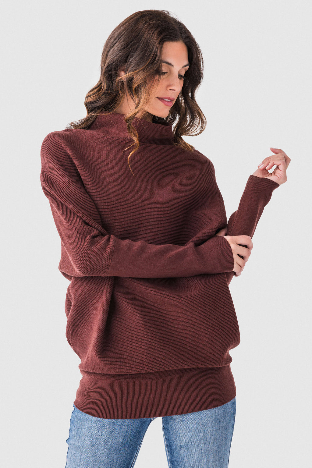 Chocolate brown dolman pullover sweater with slouch neck and long sleeves, front view.