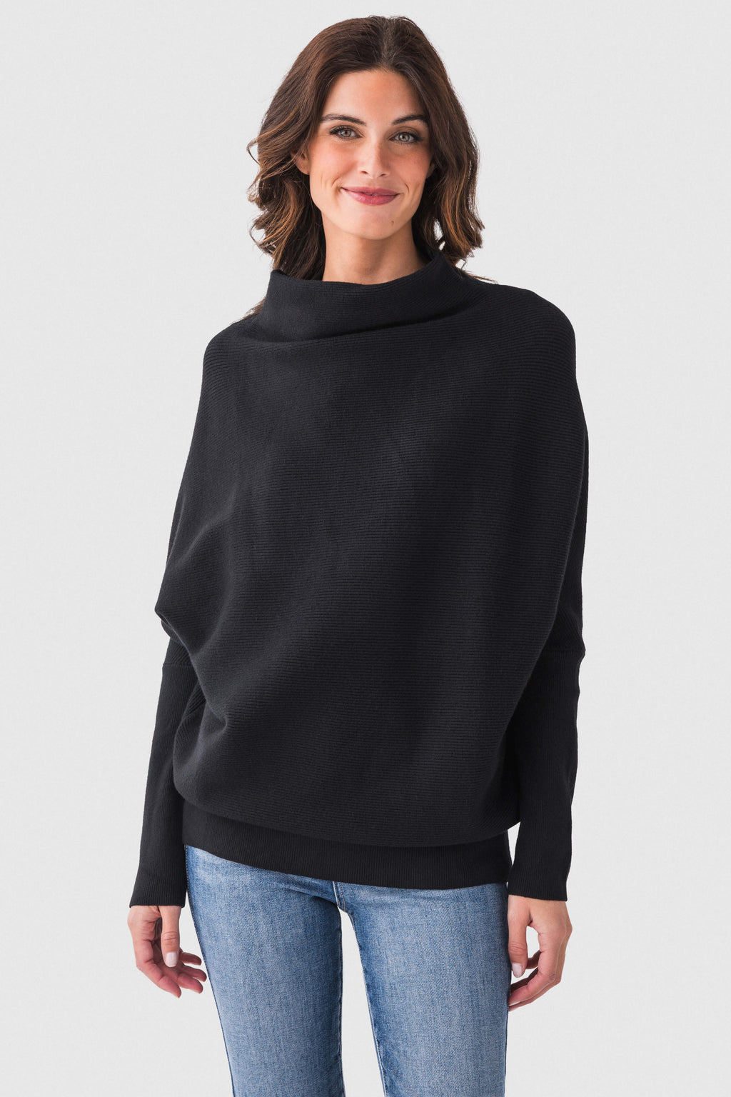 Black slouch-neck dolman pullover sweater with long sleeves and front view