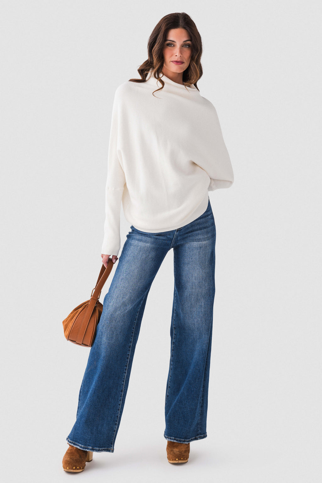 Cream slouch-neck dolman pullover sweater with long sleeves and full front view