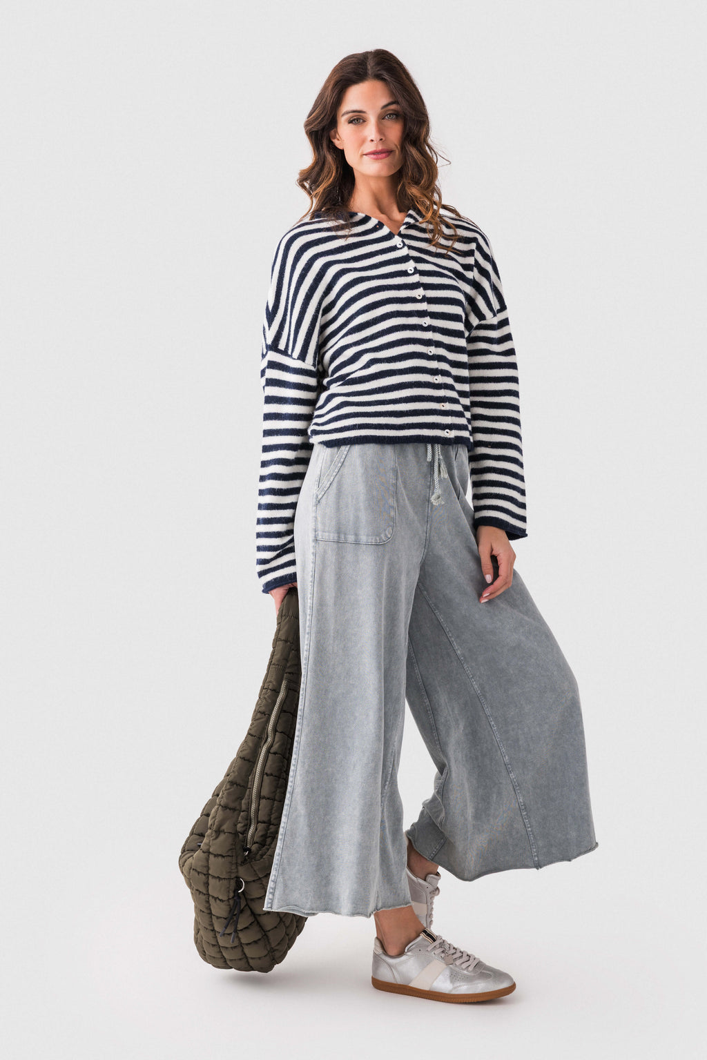 Navy-and-white striped button-front cardigan with long sleeves and crew neckline