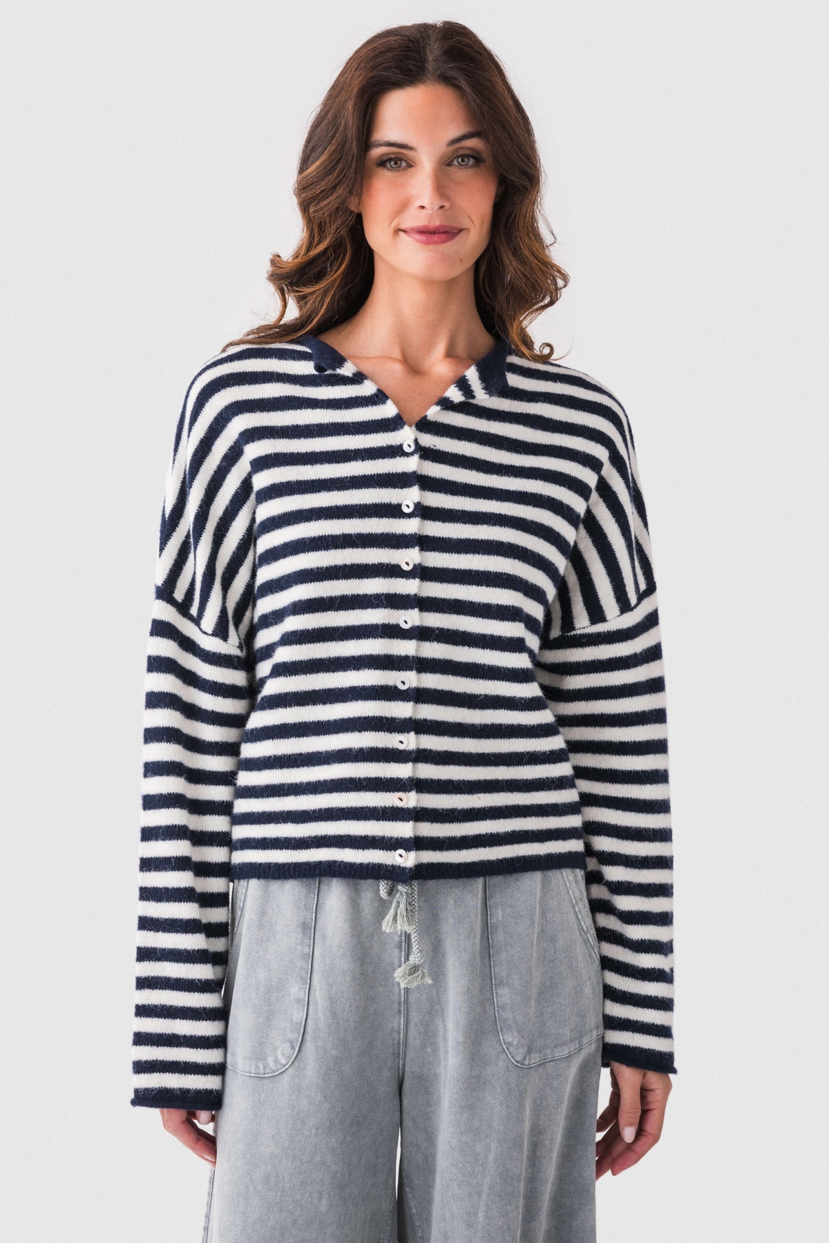 Navy-and-white striped button-front cardigan with long sleeves and crew neckline