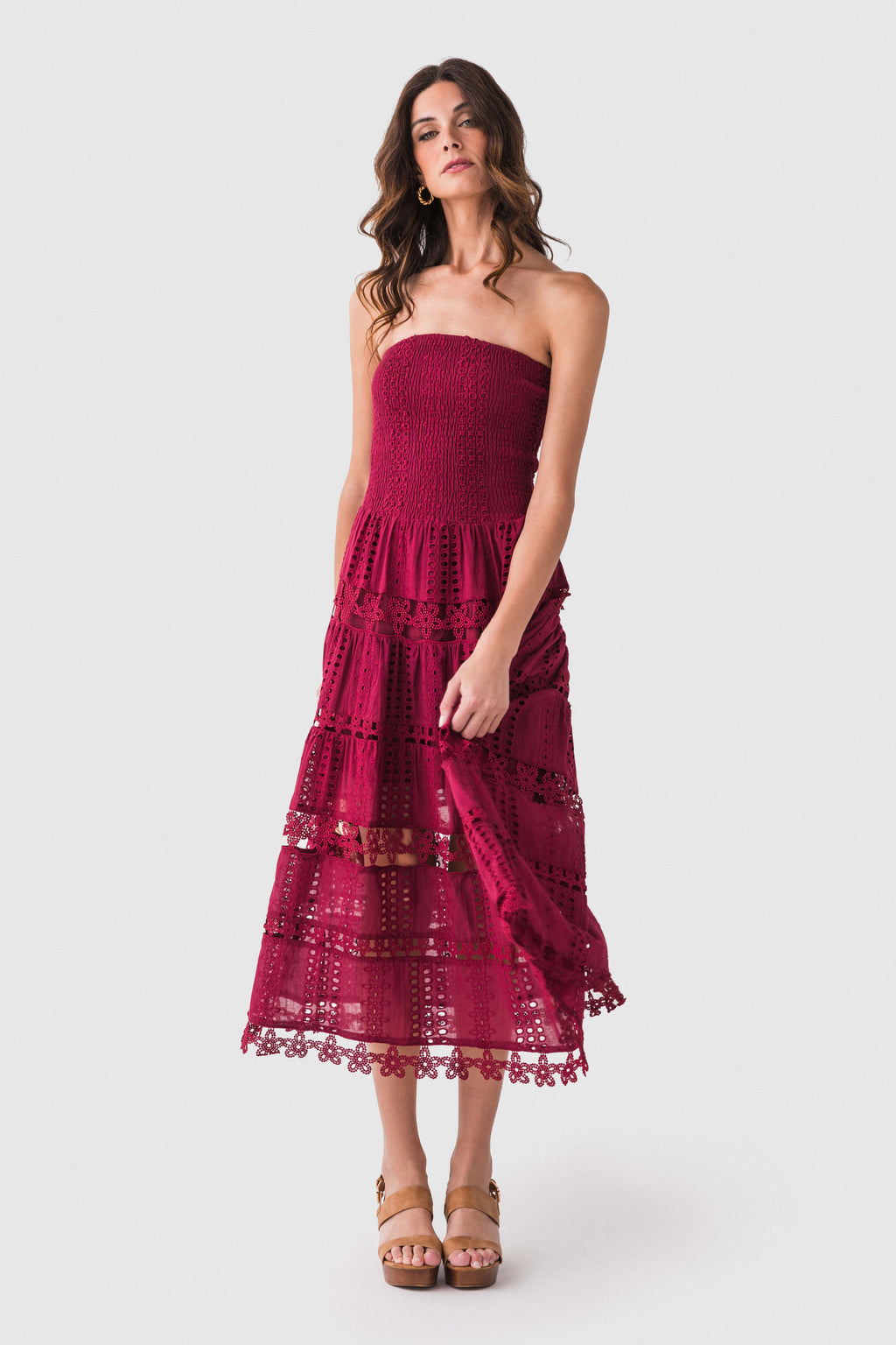 Cherry burgundy strapless lace tube dress with tiered eyelet panels and flutter hem