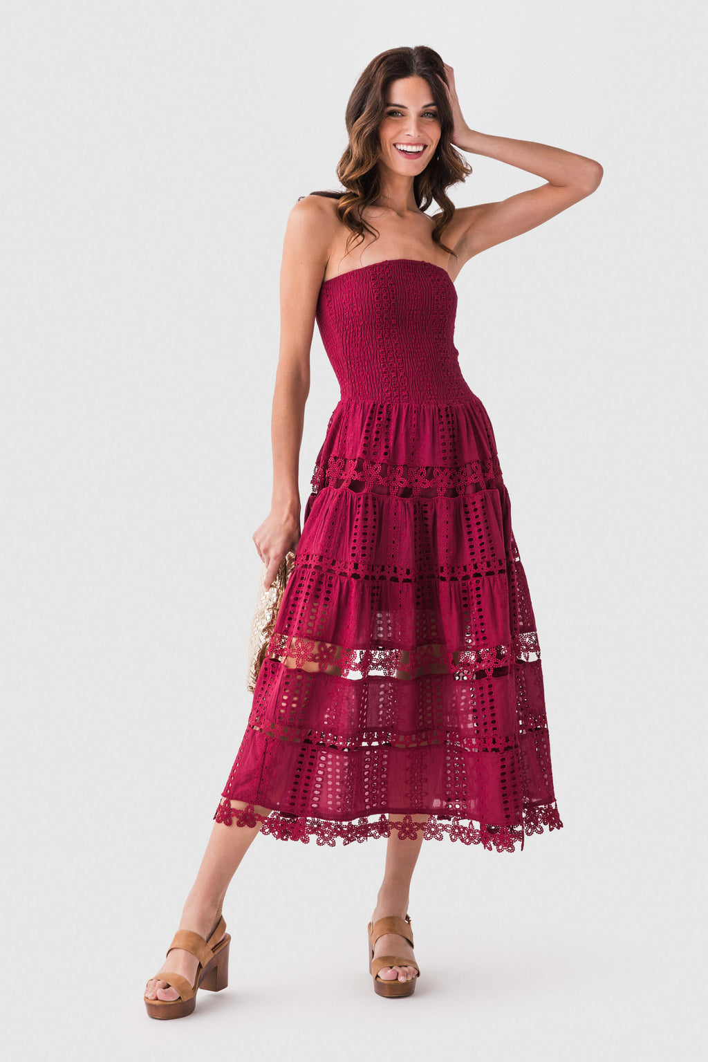 Cherry burgundy eyelet lace tube dress, strapless with tiered lace skirt and shimmer details