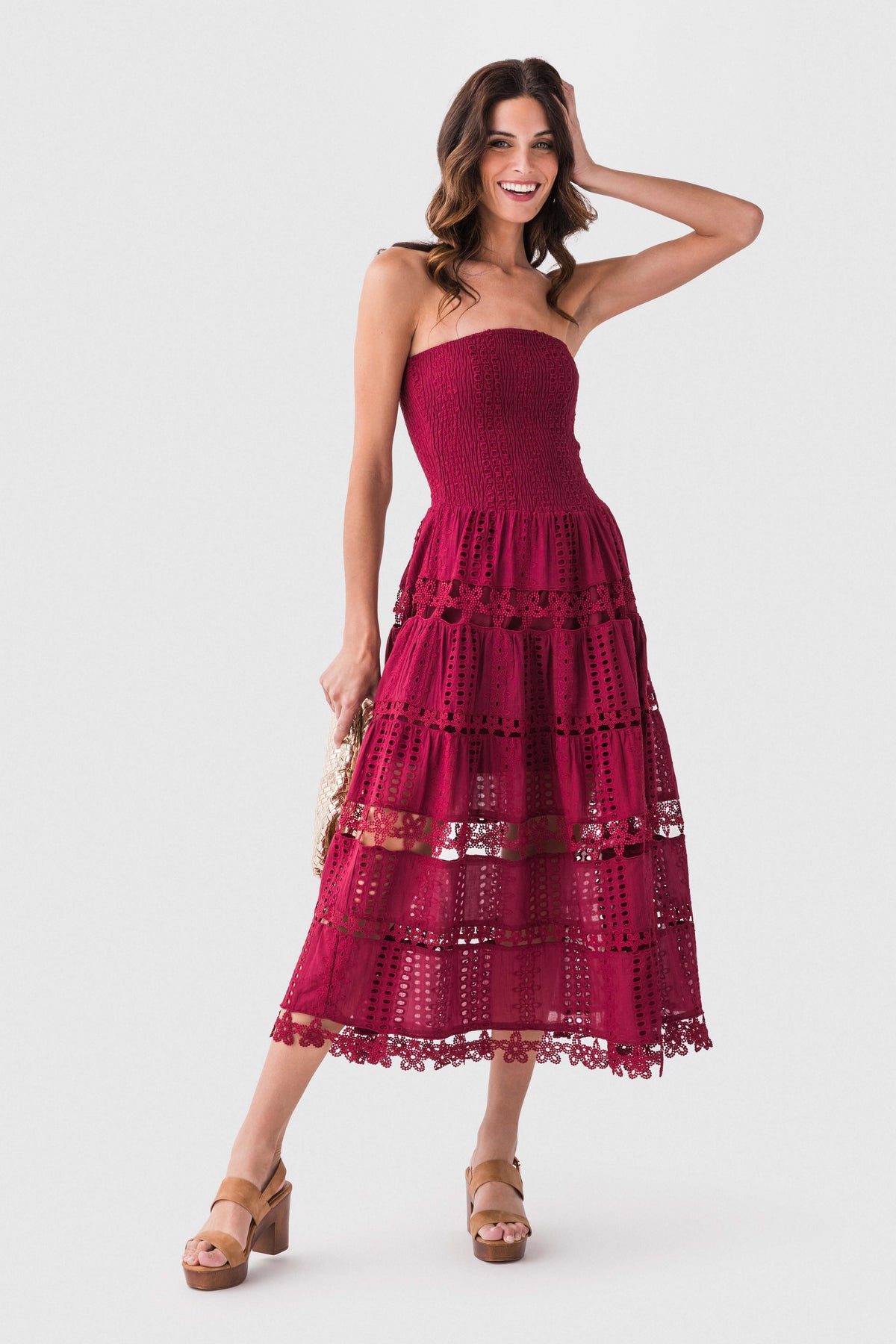 Cherry burgundy eyelet lace tube dress, strapless with tiered lace skirt and shimmer details