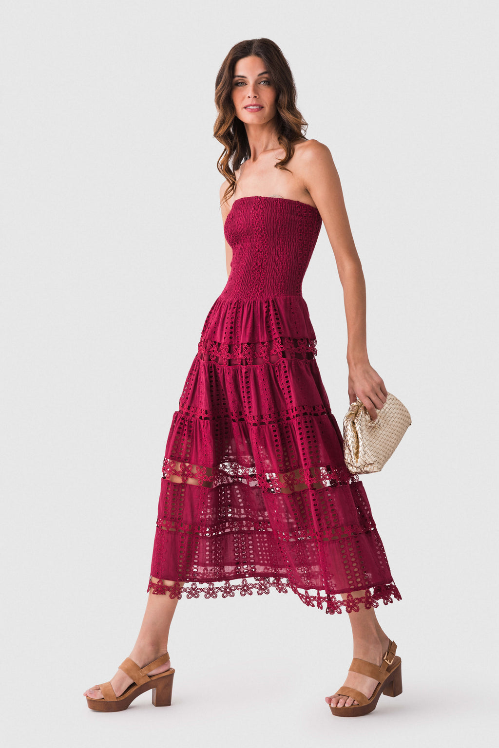 Cherry burgundy strapless lace tube dress with layered eyelet tiers and midi length
