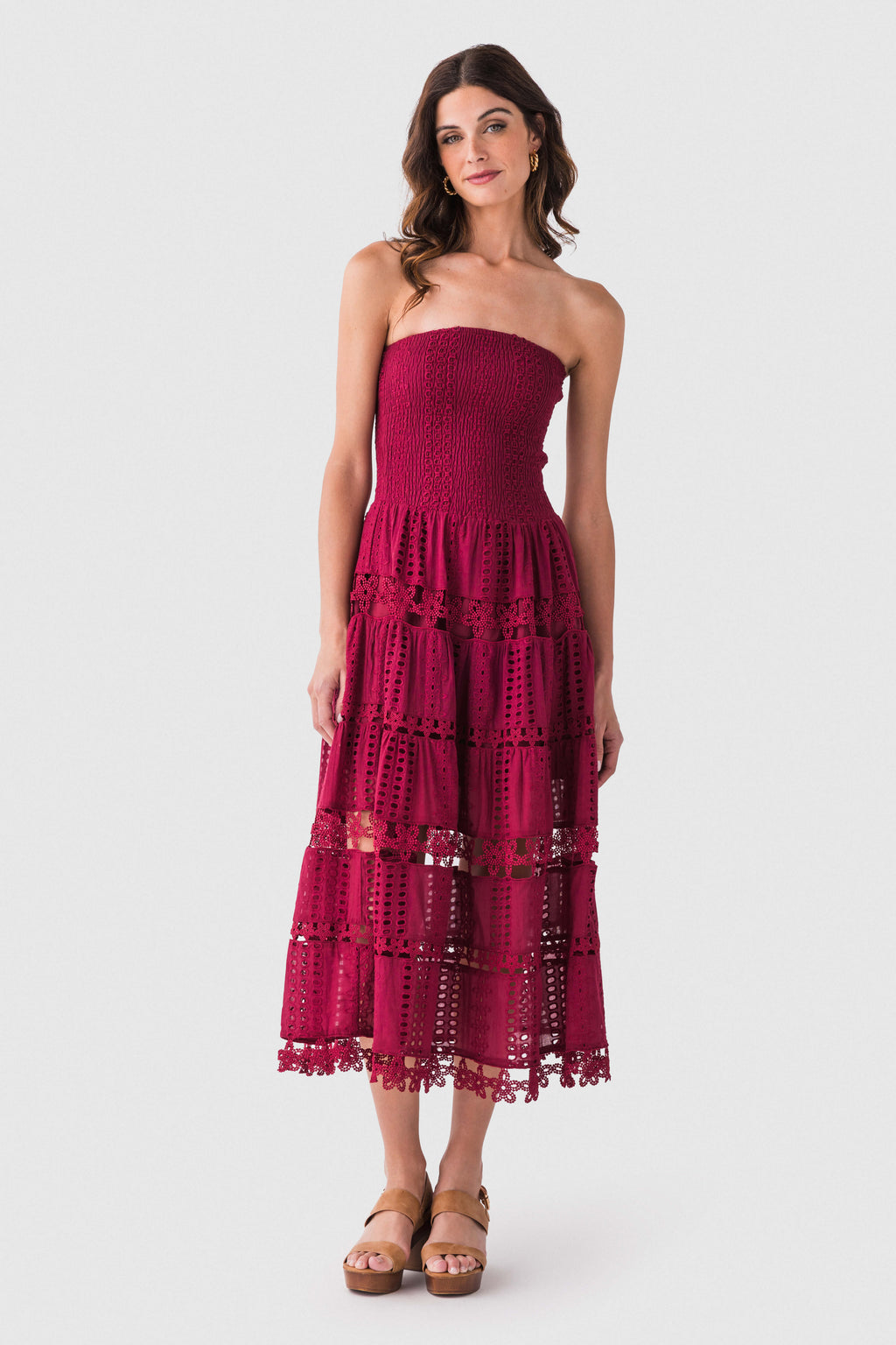 Cherry burgundy eyelet lace tube dress with tiered skirt and ruffled hem