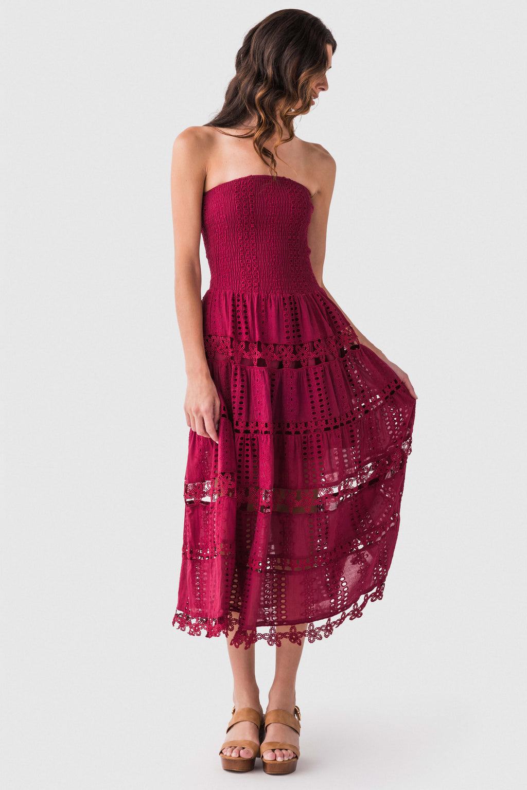 Eyelet lace tube dress in cherry burgundy, strapless with tiered lace and eyelet trim