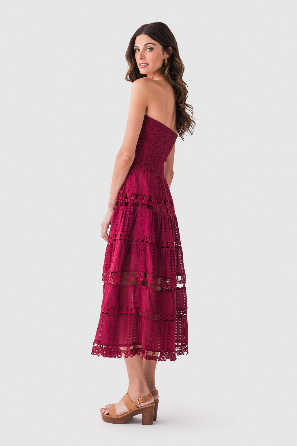 Cherry burgundy eyelet lace tube dress, strapless tiered skirt with openwork panels