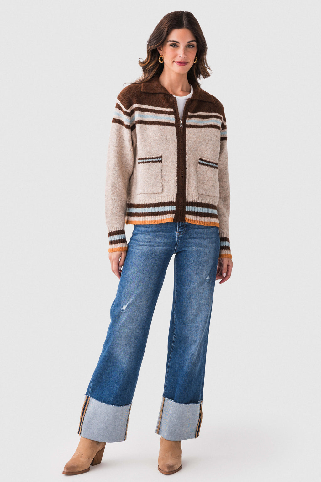 Risen Scout large-cuffed jeans, dark blue denim with light gray cuff detail