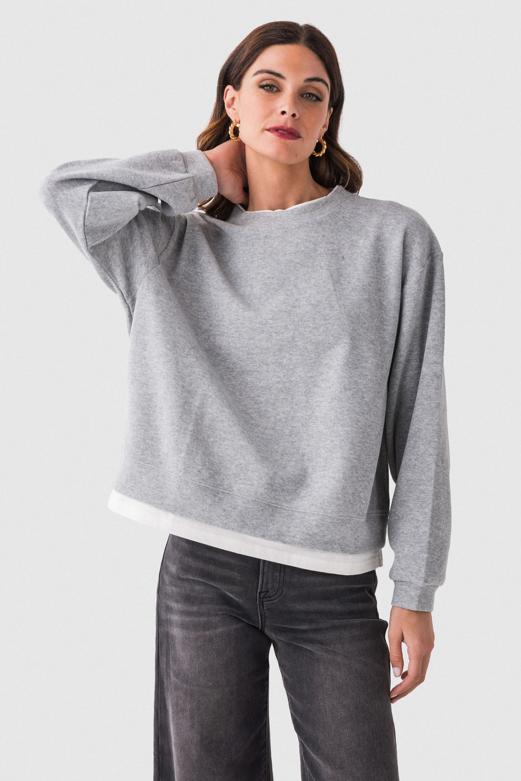 Heather gray crewneck pullover sweater, long sleeves and ribbed hem