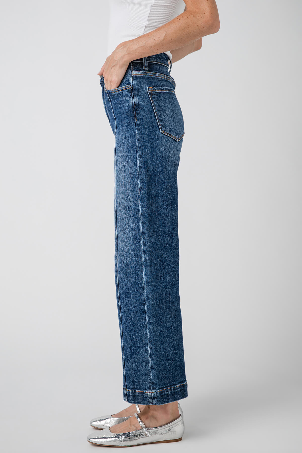 High-rise wide-leg ankle jeans in medium blue denim, side view with contrast topstitching