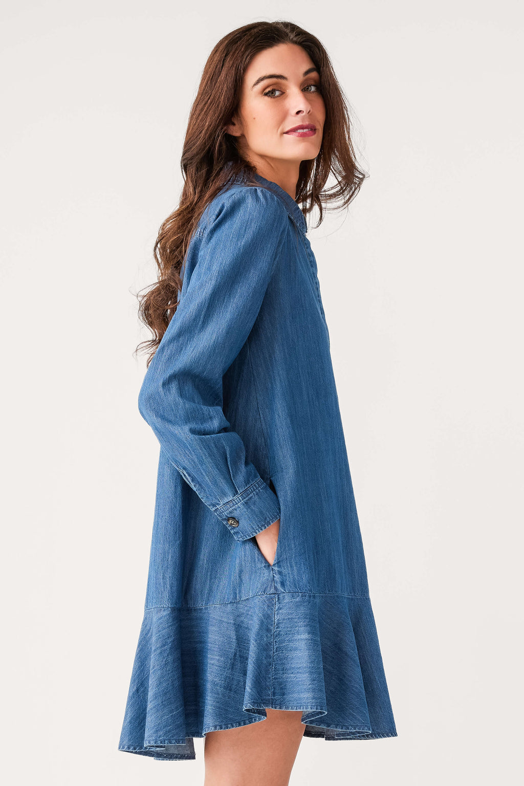 Blue denim shirt dress, long sleeves, side button detail and flared tiered hem