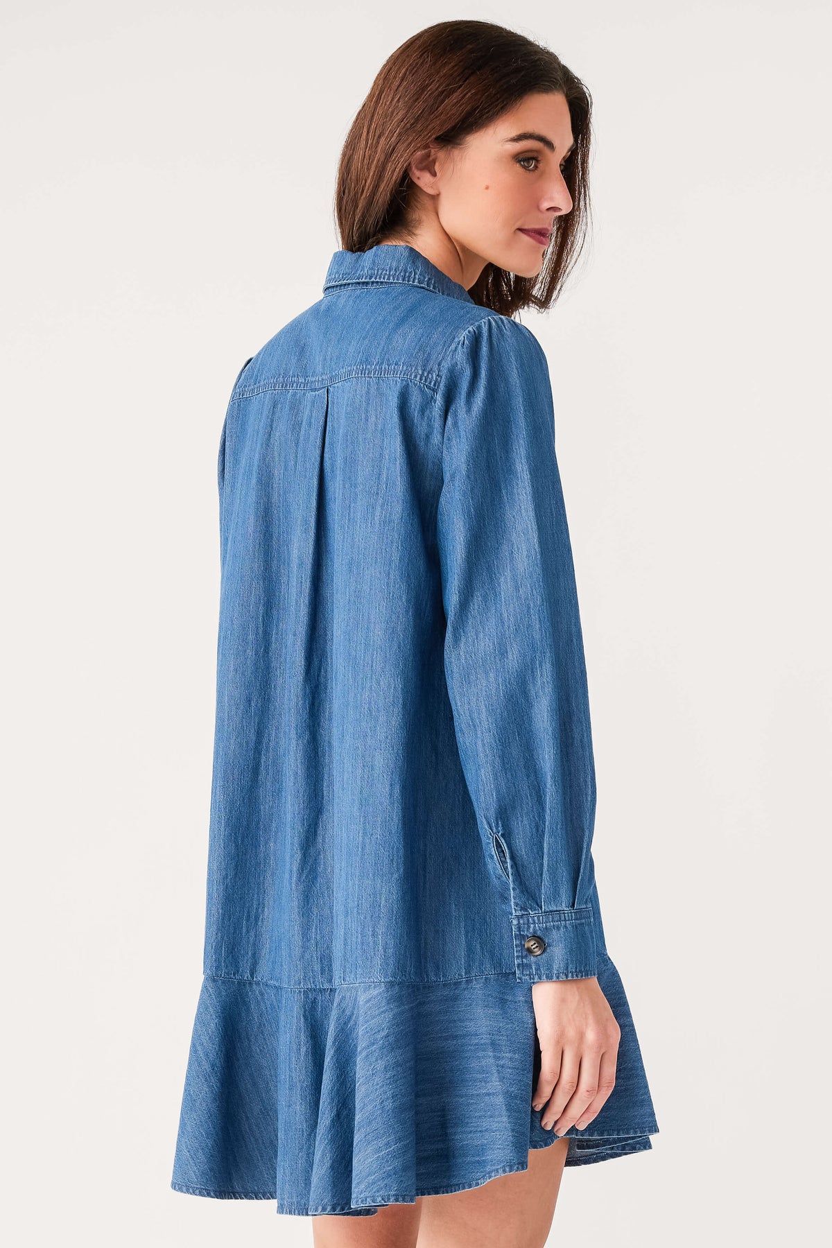 Blue denim shirt dress with back yoke seam, button cuffs, and flared skirt