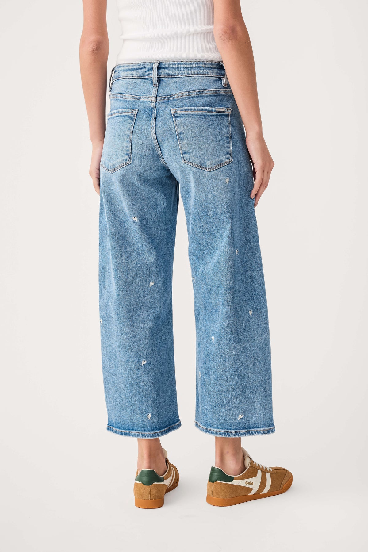 Light blue cropped barrel jeans, back view, embroidered speckle detail