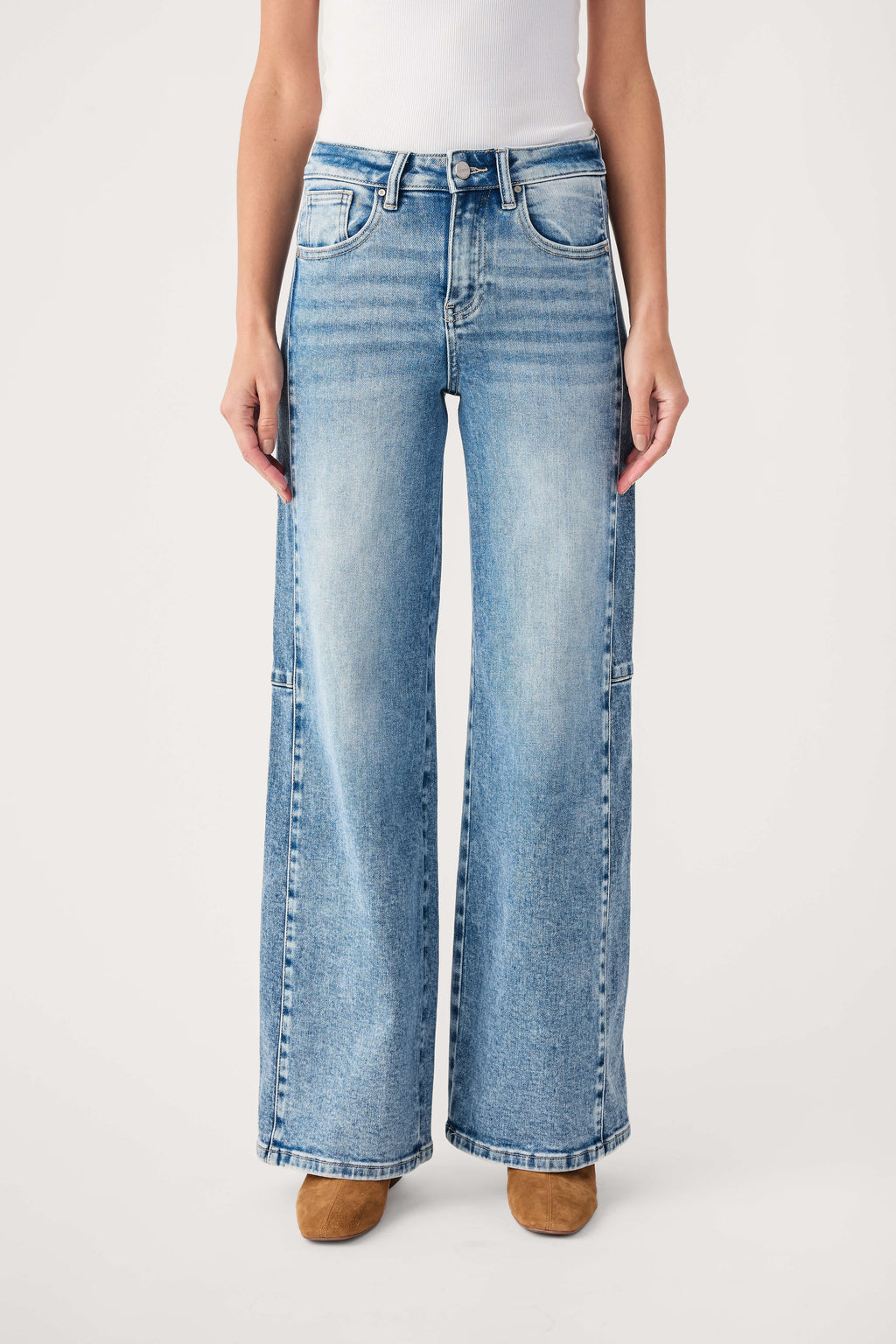 High-rise medium-wash wide-leg jeans with button closure and front pockets