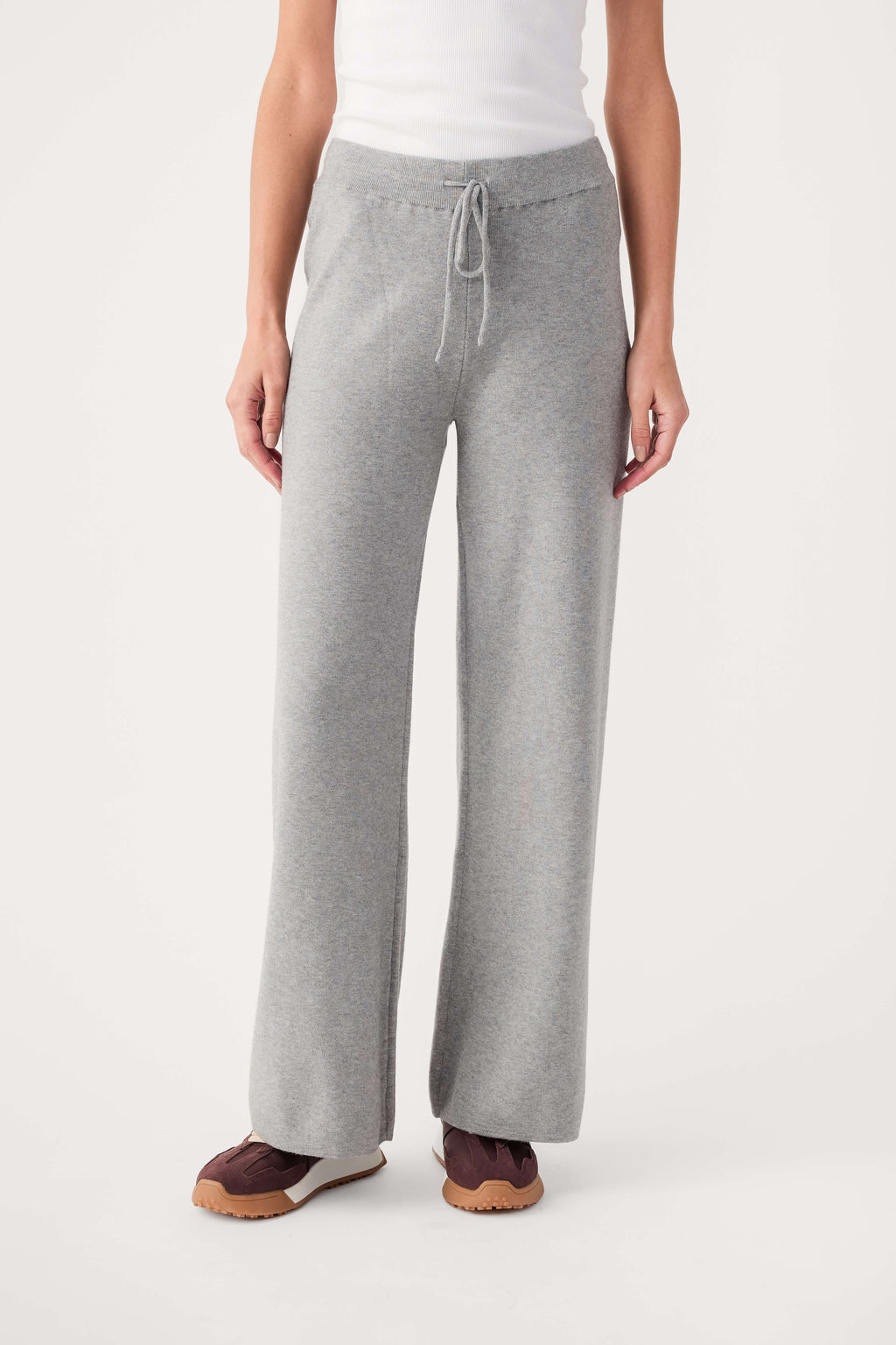 Women's heather gray wide-leg pants with drawstring waist and side pockets