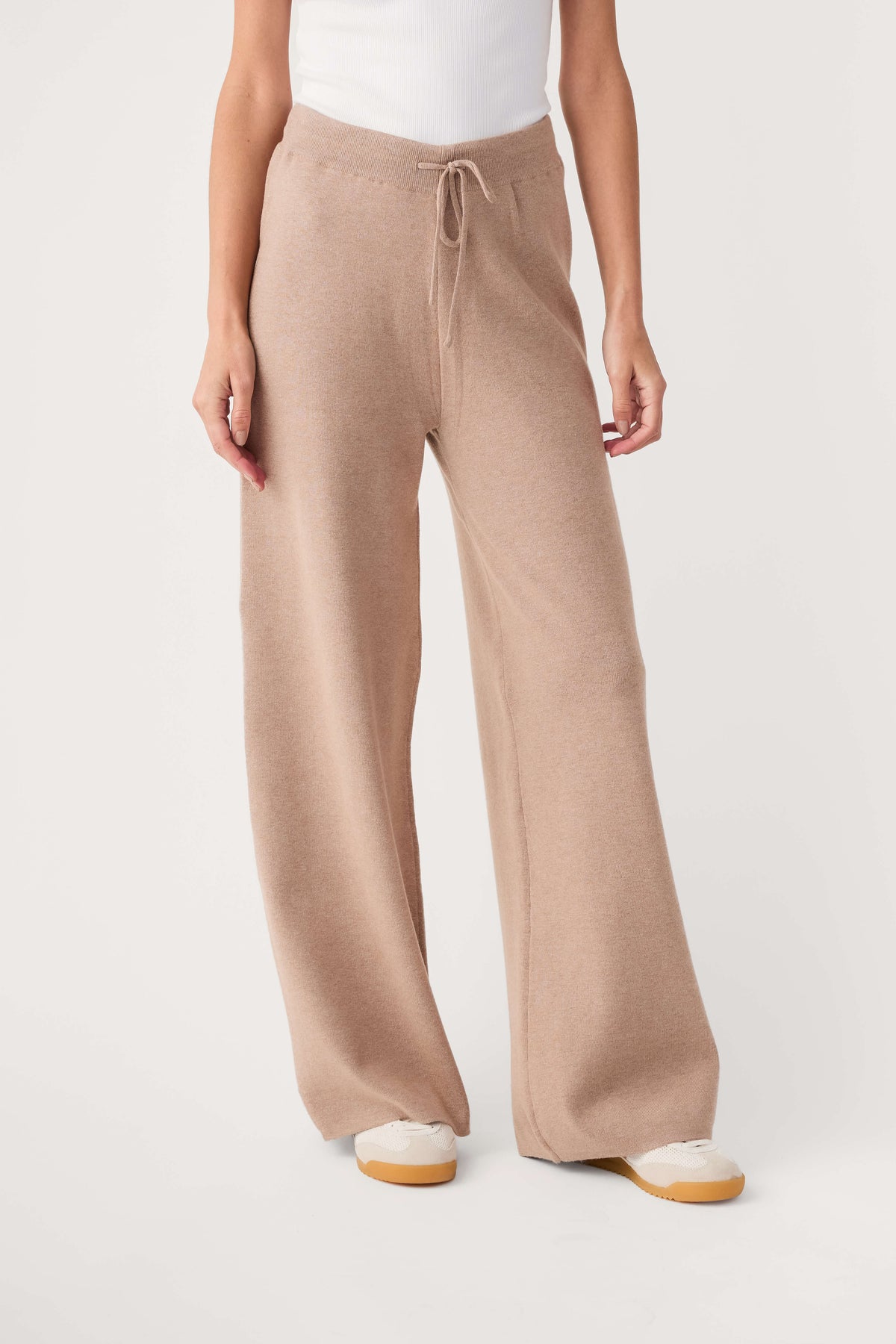 Women's taupe wide-leg pants with drawstring waist and full-length loose legs