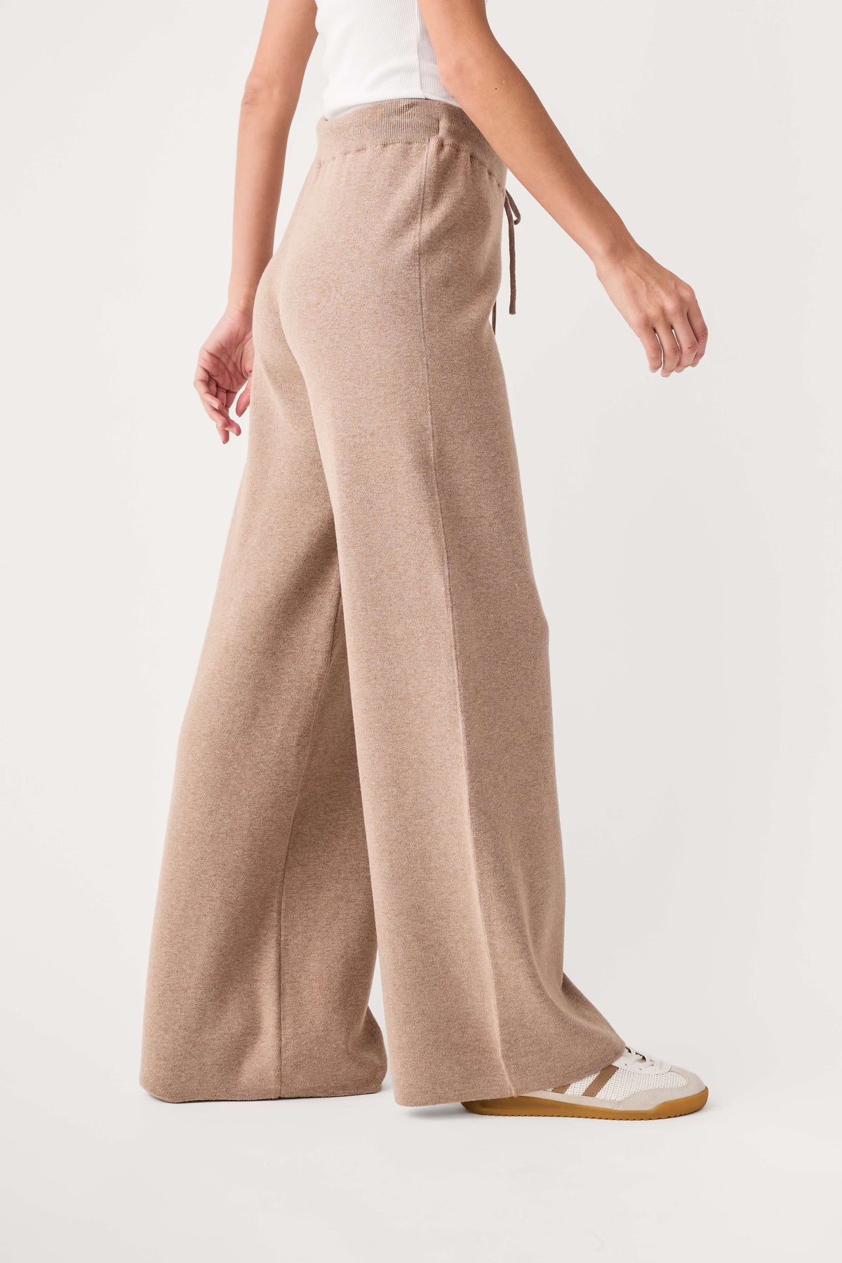 Women's taupe wide-leg pants with drawstring waist and flowy wide hems
