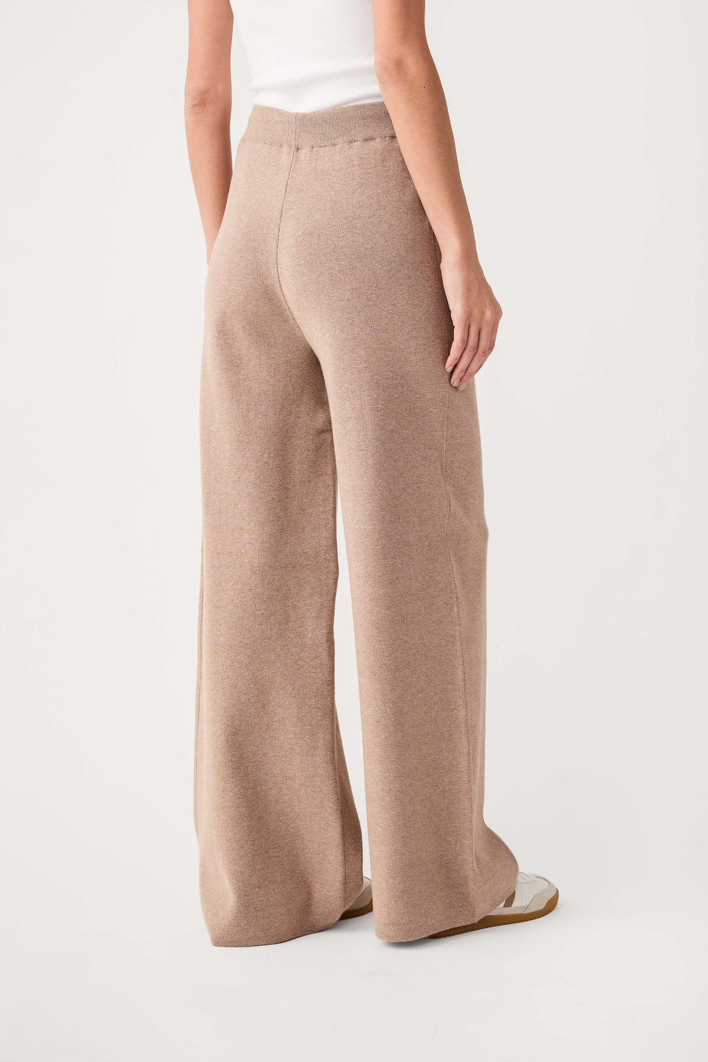 Women's taupe wide-leg pants with drawstring waist and relaxed straight silhouette