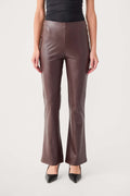 Dark taupe-brown faux leather flare pants with wide leg opening