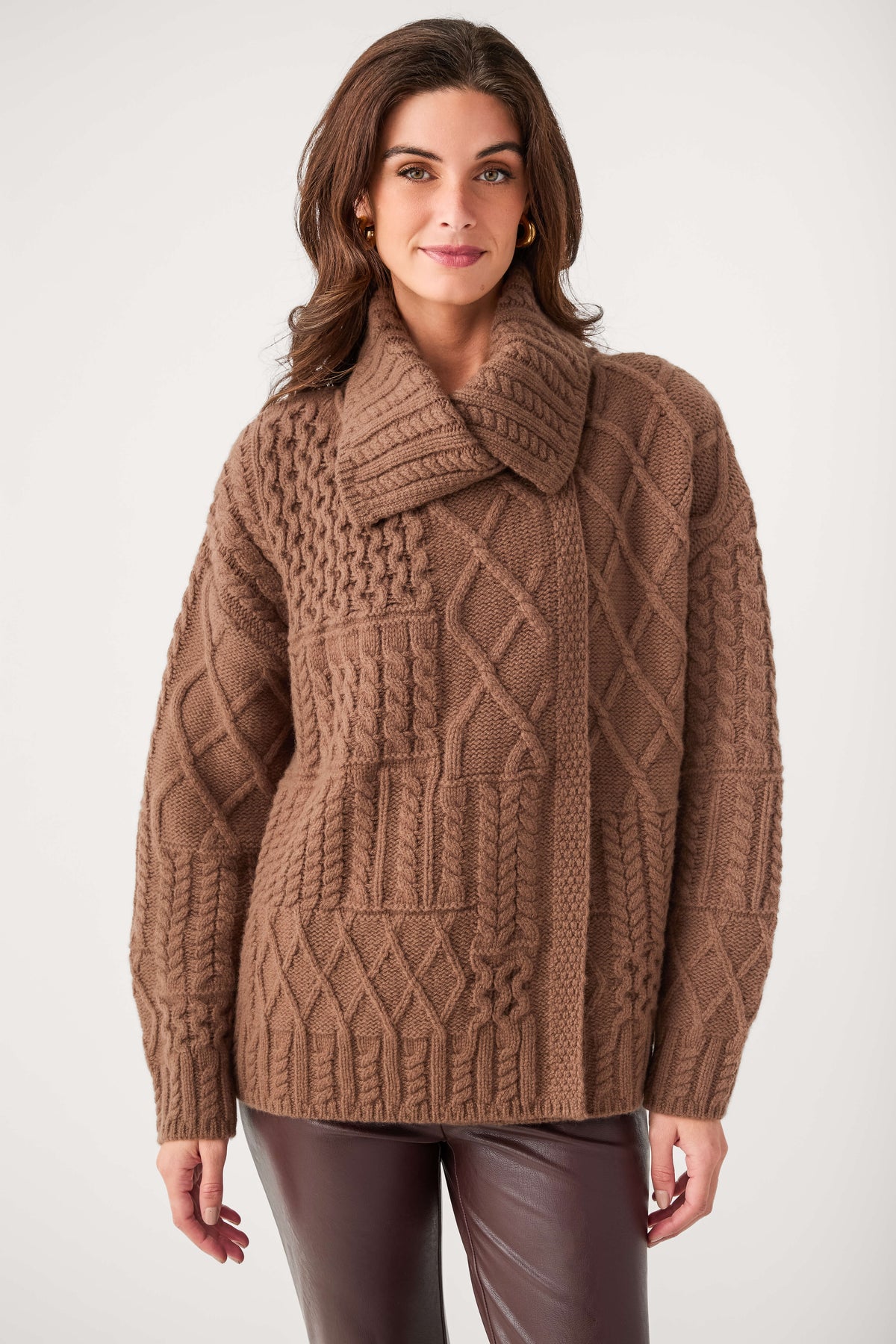 Brown cable-knit wrap cardigan with textured diamond cable pattern and shawl collar